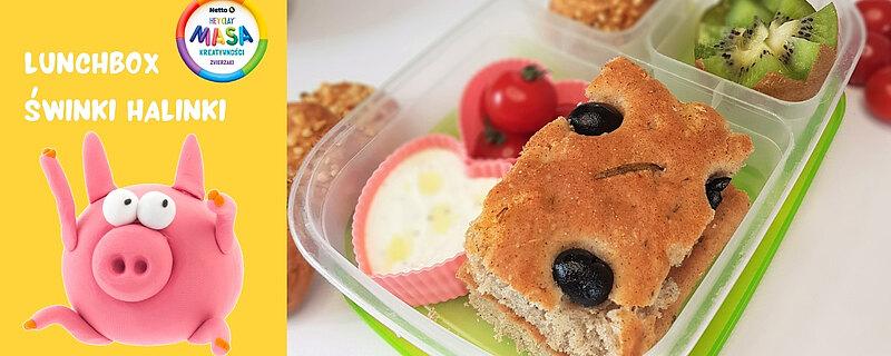Pyszna foccacia i ciastka z masłem orzechowym. Lunchbox Świnki Halinki